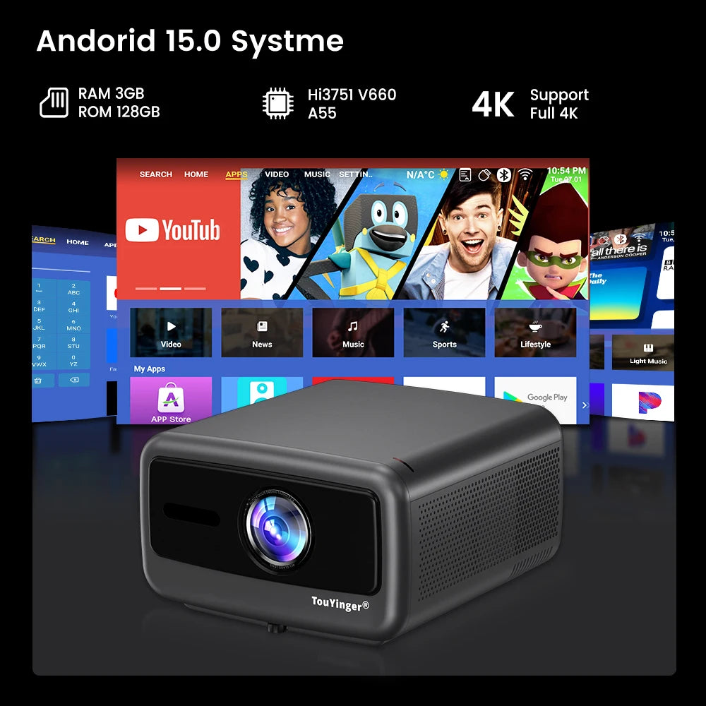 Touyinger Q13W 3800 Ansi Full HD 4K Projectors Home Theater Video 3G 128G Samrt TV Beamer for Movies