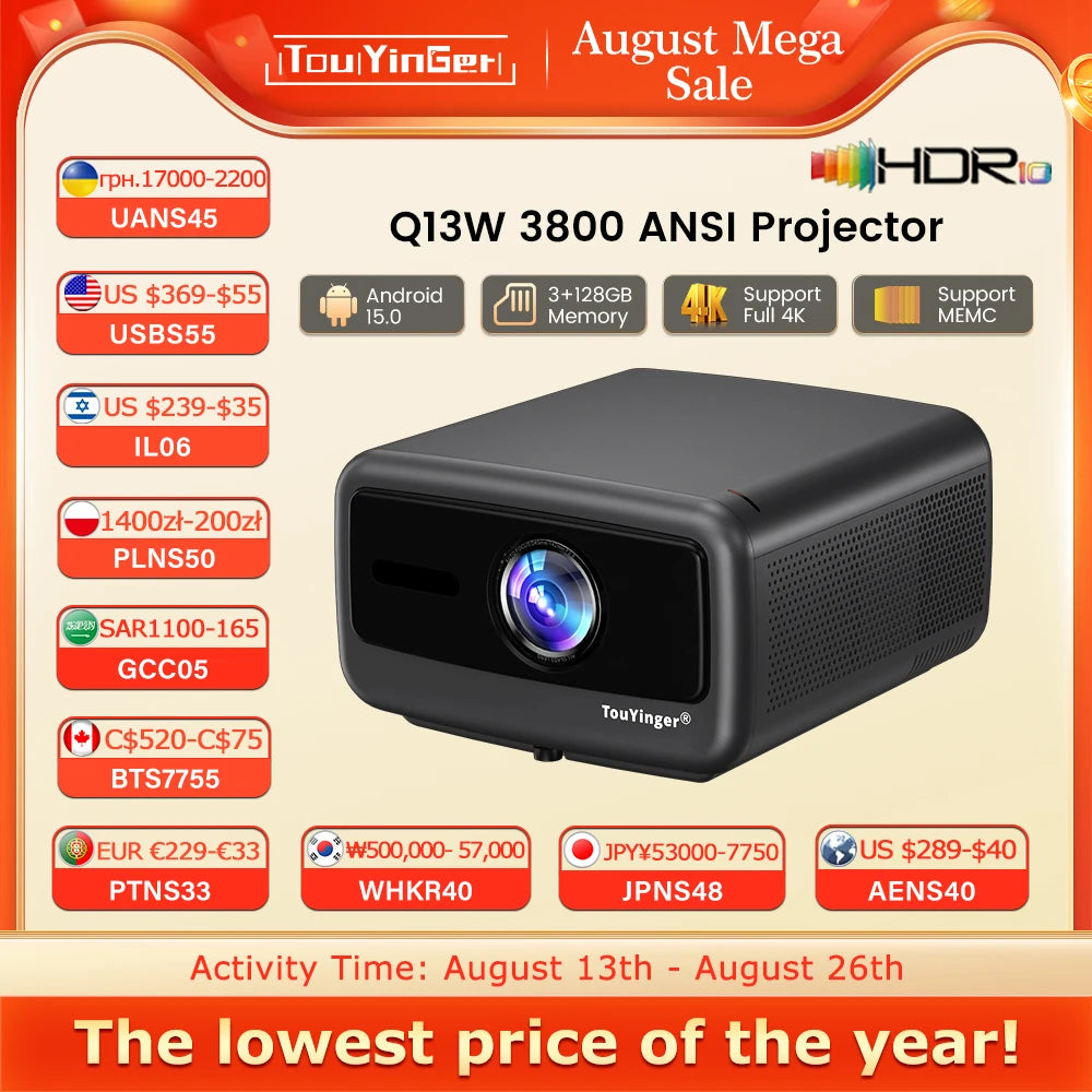 Touyinger Q13W 3800 Ansi Full HD 4K Projectors Home Theater Video 3G 128G Samrt TV Beamer for Movies