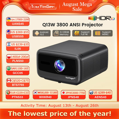Touyinger Q13W 3800 Ansi Full HD 4K Projectors Home Theater Video 3G 128G Samrt TV Beamer for Movies