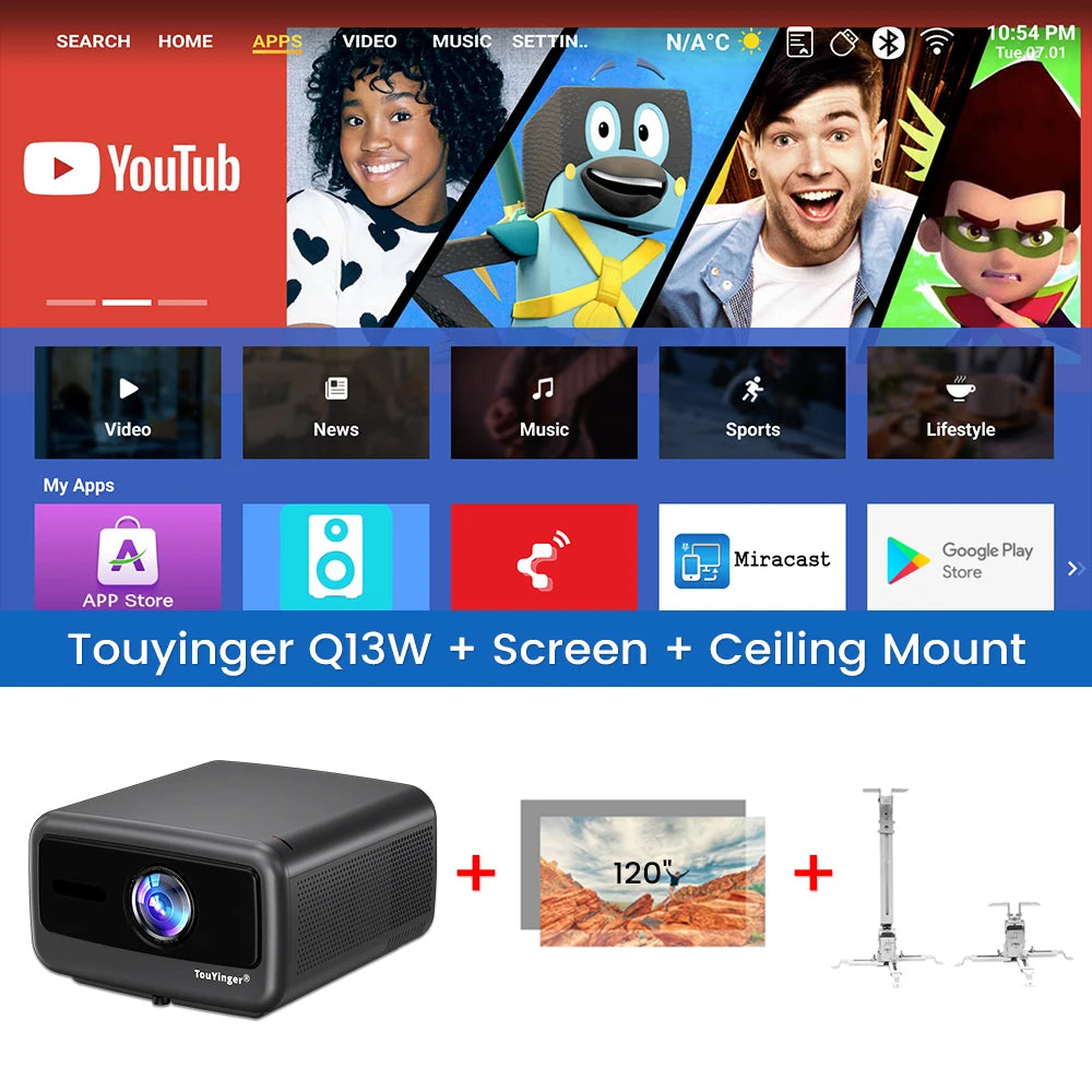 Touyinger Q13W 3800 Ansi Full HD 4K Projectors Home Theater Video 3G 128G Samrt TV Beamer for Movies