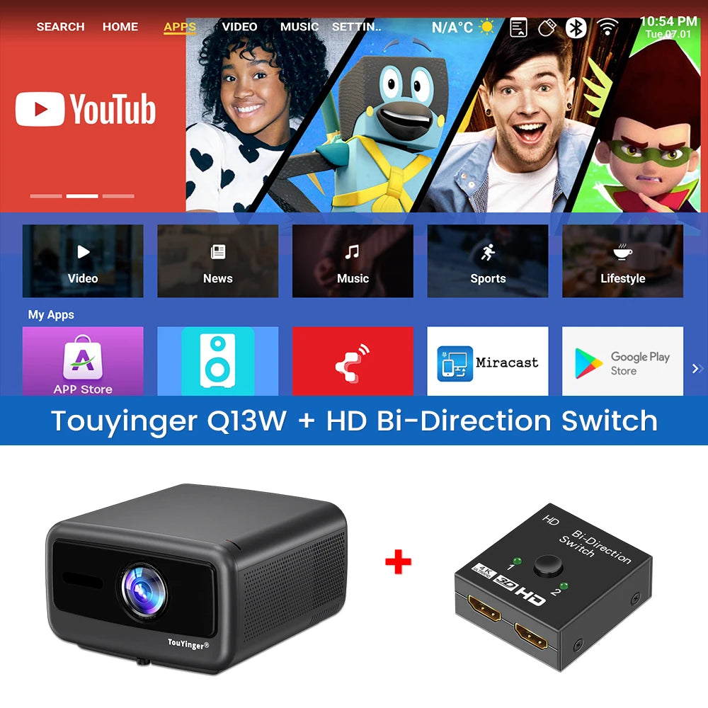 Touyinger Q13W 3800 Ansi Full HD 4K Projectors Home Theater Video 3G 128G Samrt TV Beamer for Movies