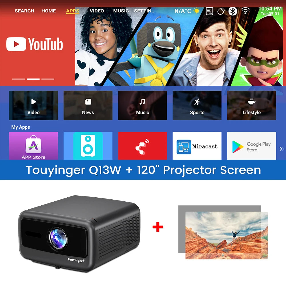 Touyinger Q13W 3800 Ansi Full HD 4K Projectors Home Theater Video 3G 128G Samrt TV Beamer for Movies